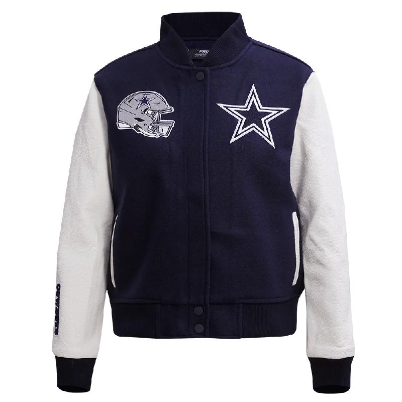 NFL DALLAS COWBOYS CLASSIC WOOL WOMEN'S VARSITY JACKET (MIDNIGHT NAVY/WHITE) Trendy Women's Oversized