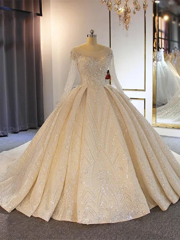 Luxury O-Neck Long Sleeves Lace Ball Gown Wedding Dresses