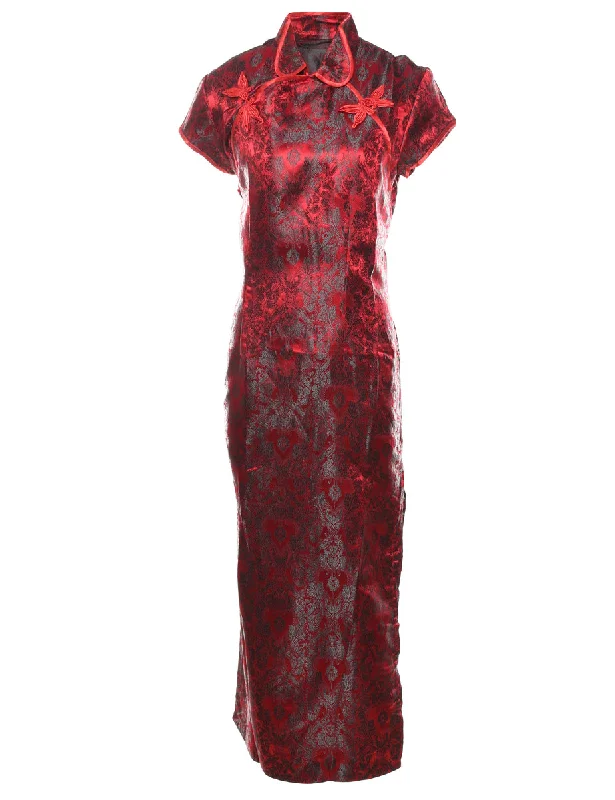 Brocade Design Red & Black Shiny Dress - L Contemporary 