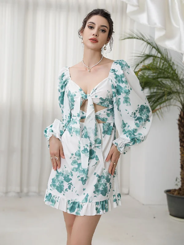 Floral Tie Front Long Sleeve Sweetheart Flounce High Waist Short Dress Unique Women's Upcycled
