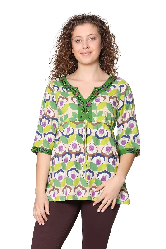 Green Floral Cotton Voile Embroidered Tunic Youthful Women's Anime - inspired
