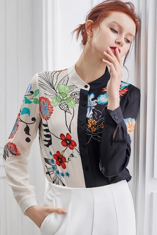 Floral Print Contrast Silk Blouse