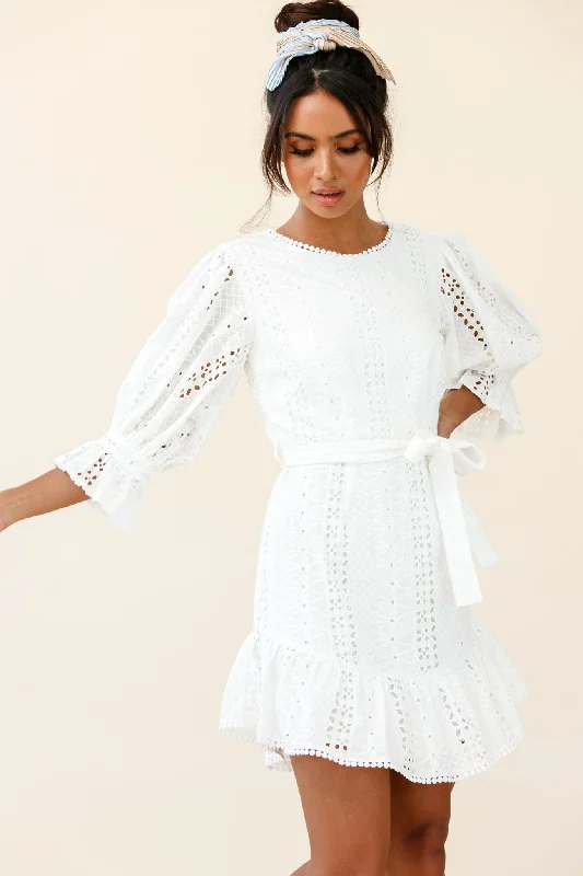 Sweet Sunshine Cut-Out Back Embroidery Dress White Elegant Women's 