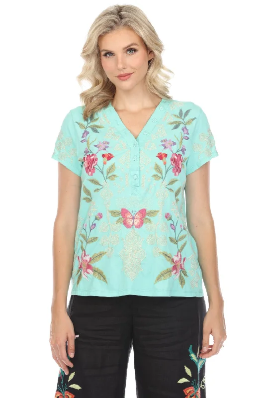 Johnny Was JWLA Dacie Button Neck Embroidered Knit Tee J14824 * Sophisticated Women's Johnny Was JWLA Dacie Button Neck Embroidered Knit Tee J14824 * Sophisticated Women's