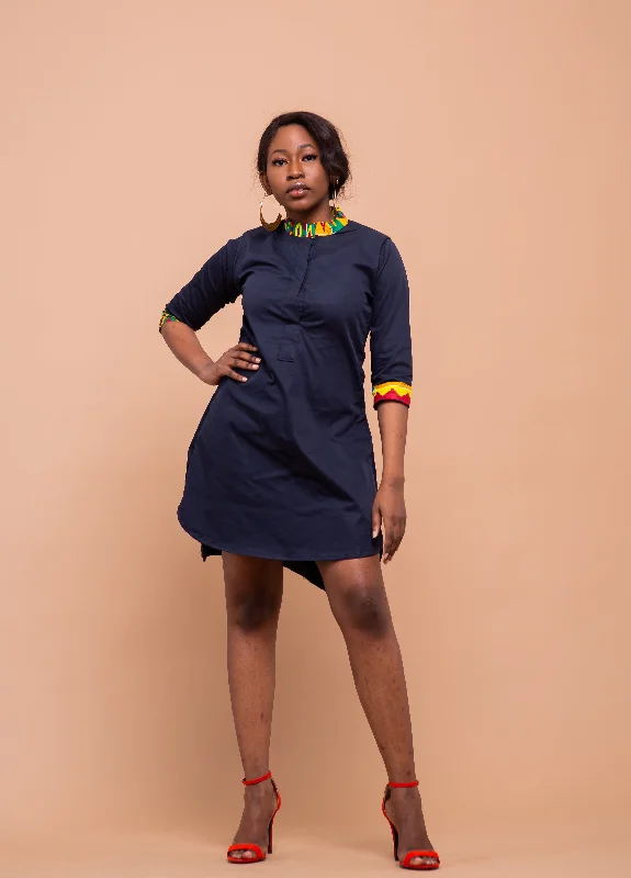 Dalton Midi Dress | Navy Blue and Ankara Mixed African Print Australian Beach