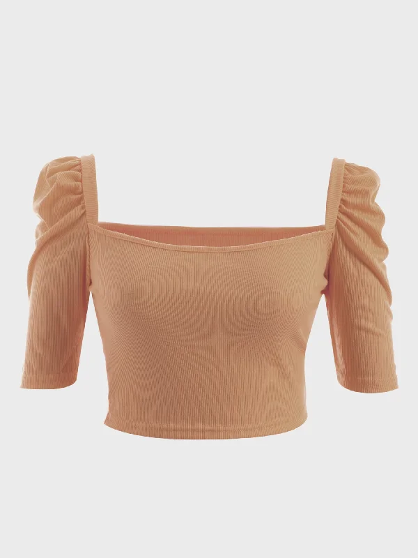 Midsize Cute Puff Square Neck Crop Top Modern Women's Tech