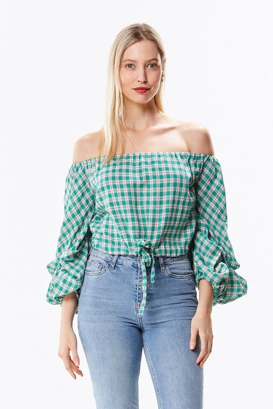 Open Shoulder Plaid Top