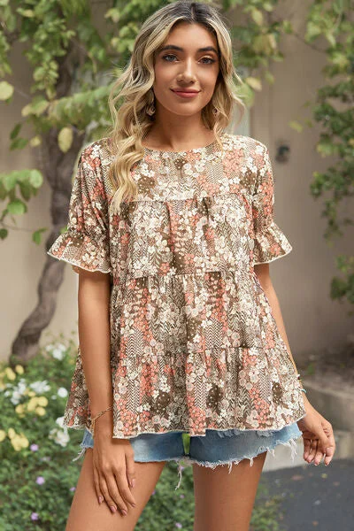 Floral Round Neck Short Sleeve T-Shirt Unique Women's Upcycled