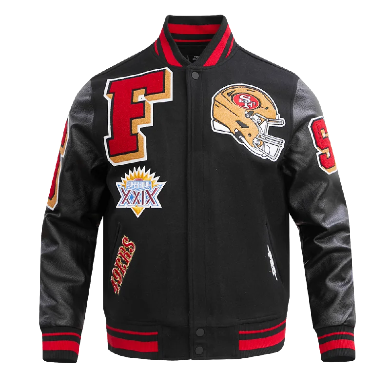 NFL SAN FRANCISCO 49ERS MASHUP MEN'S RIB WOOL VARSITY JACKET (BLACK/RED/BLACK) Luxurious Women's High -  end