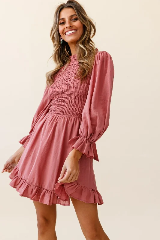 Marianna Long Sleeve Shirred Bust Dress Rose Scandinavian