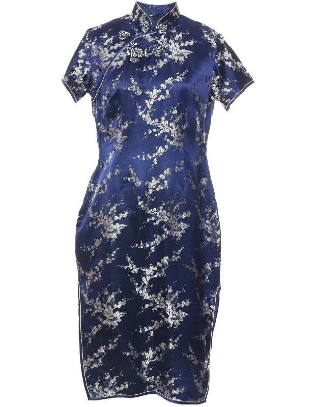 Brocade Design Navy & Silver Metallic Evening Dress - M Dynamic Women's Moto