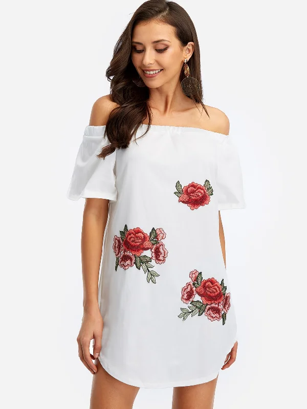 Wholesale Off The Shoulder Embroidered Short Sleeve White Mini Dress