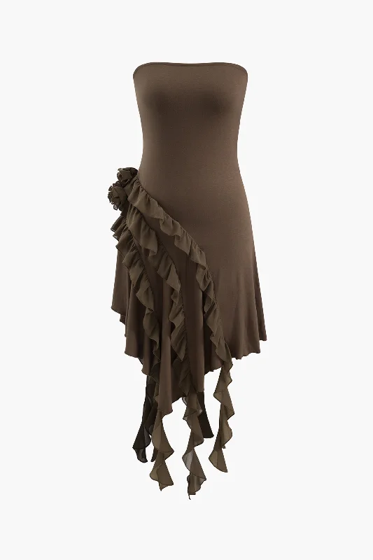 Rose Ruffle Strapless Mini Dress Hip Women's Retro
