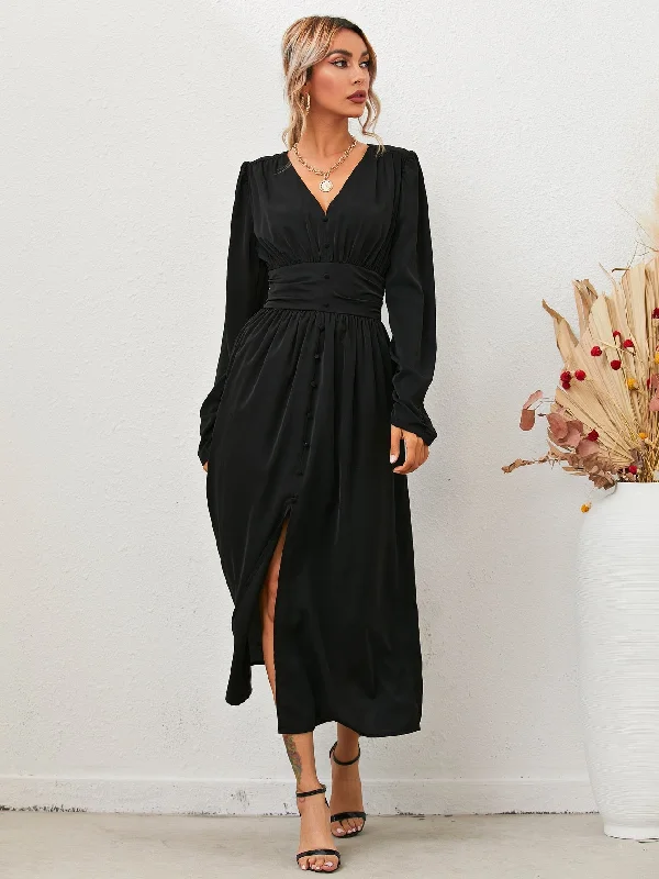 Plain Button Front Long Sleeve V Neck Slit High Waist Long Dress Cool Women's Distressed Plain Button Front Long Sleeve V Neck Slit High Waist Long Dress Cool Women's Distressed