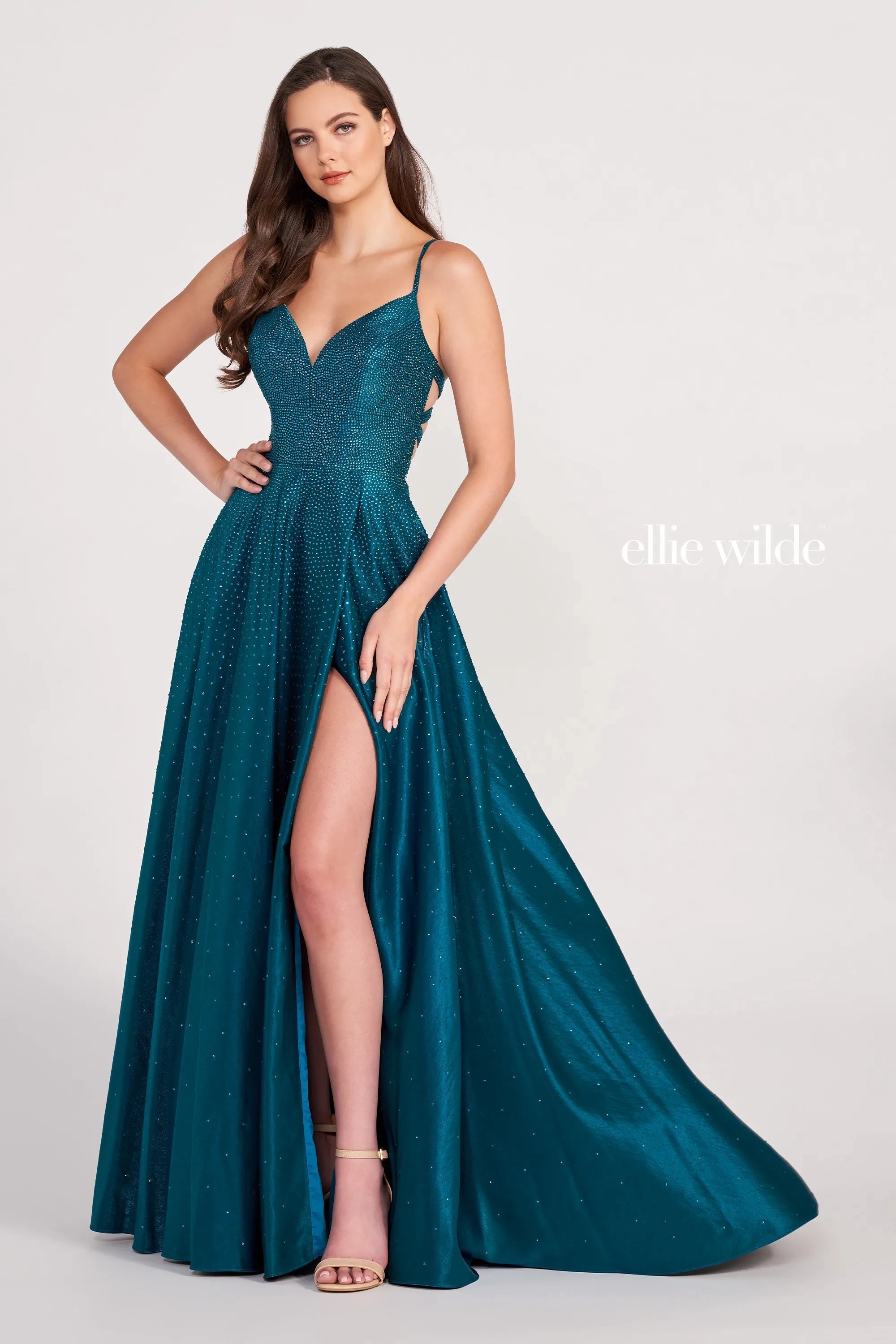 Ellie Wilde EW121001 Strappy Open Back Crystal Studded Satin Gown Relaxed Women's Beachy Ellie Wilde EW121001 Strappy Open Back Crystal Studded Satin Gown Relaxed Women's Beachy