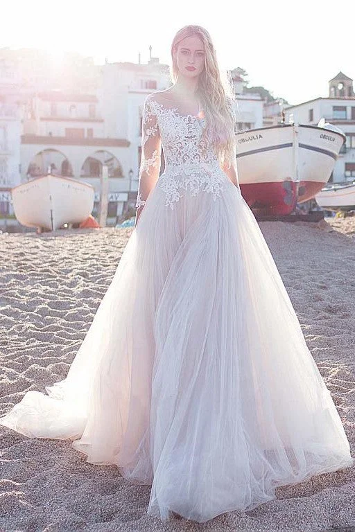 Lace Tulle Skirt Wedding Dresses with Illusion Neckline Modern Women's Tech