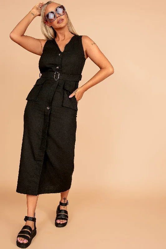 Verna Black Linen Belted Dress Feminine Women's Style 