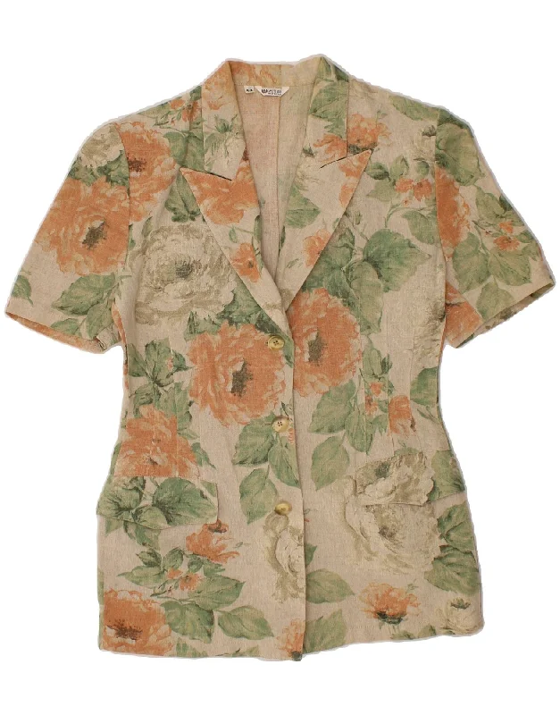 VINTAGE Womens Short Sleeve Blazer Jacket IT 44 Medium Grey Floral Casual Women's Loose - fitting