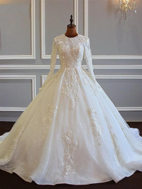 Long Sleeves Ball Gown Wedding Dresses With Lace Flowers