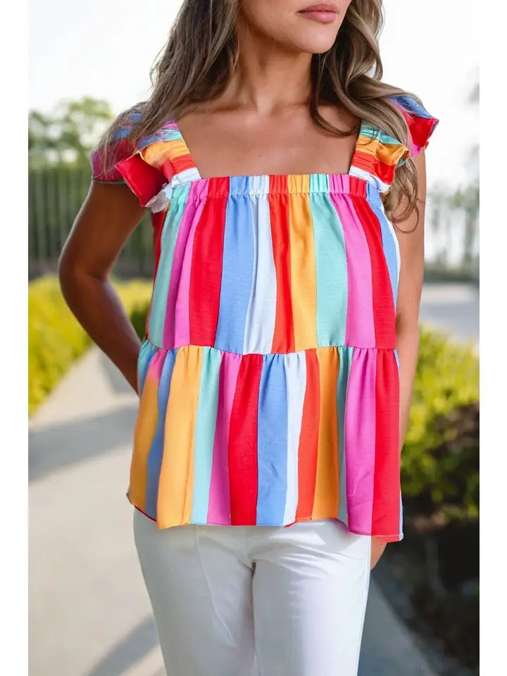 Women Casual Stripe Print Ruffled Straps Tank Top Sustainable Organic