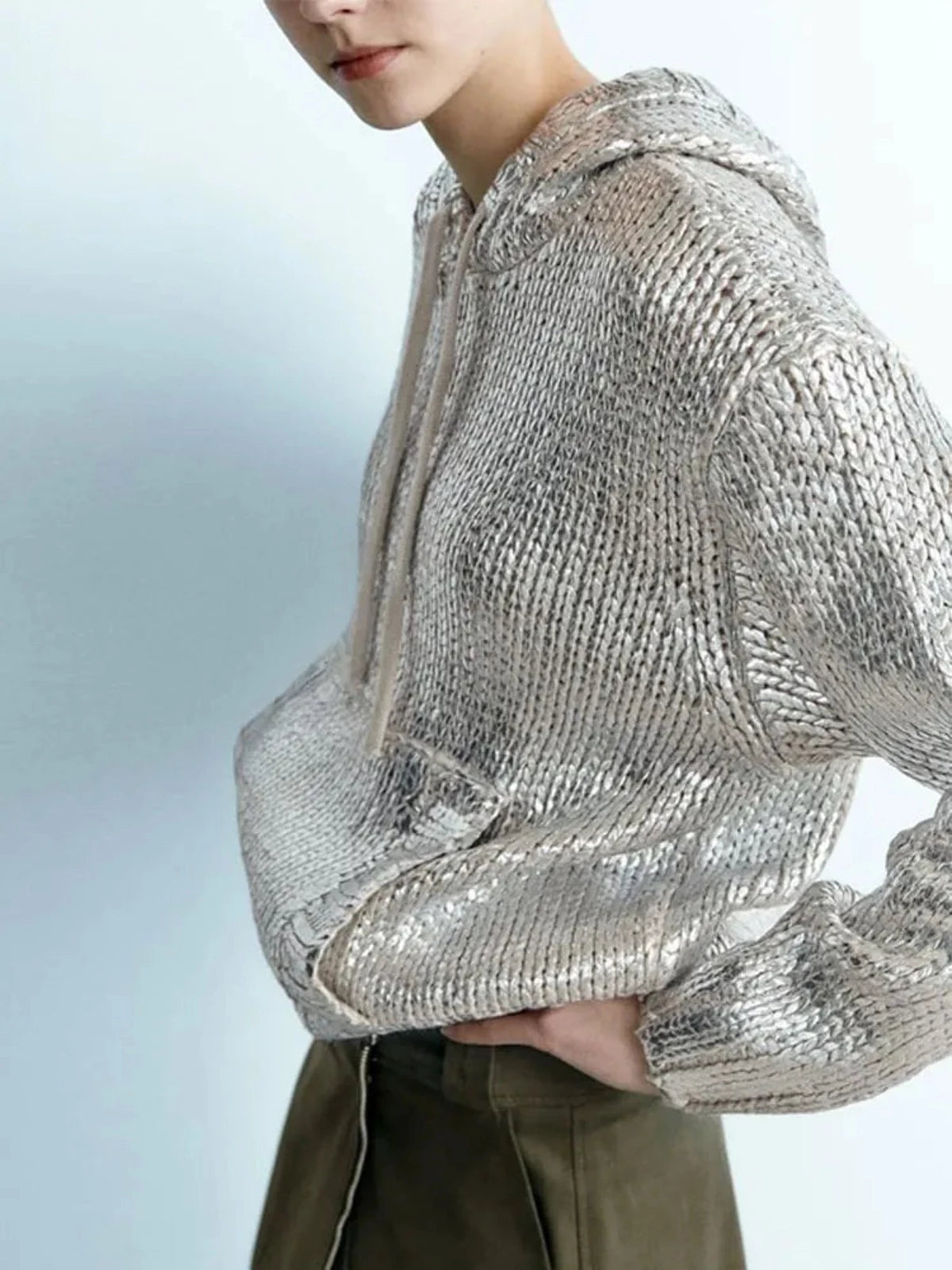 Futuristic Metallic Knitted Hoodie