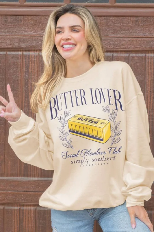 Simply Southern Butter Lover Fleece Sweatshirt for Women in Sand | CREW-BUTTER-SAND Artistic Women's Hand - painted Simply Southern Butter Lover Fleece Sweatshirt for Women in Sand | CREW-BUTTER-SAND Artistic Women's Hand - painted