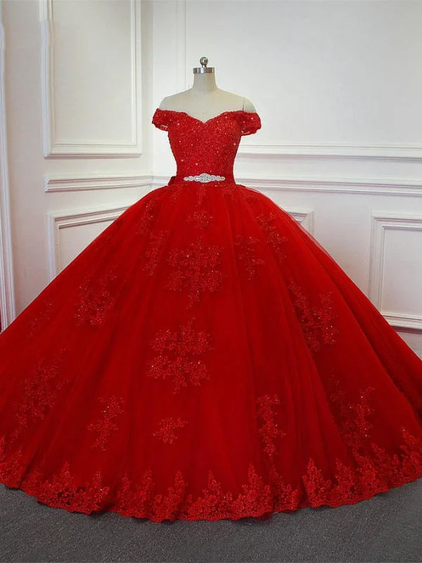 Red  Off-the -Shoulder Lace-Up Crytal Princess Wedding Dresses