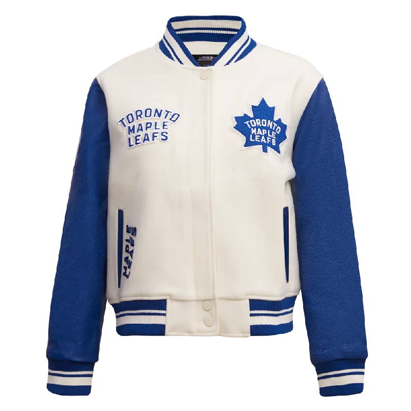 NHL TORONTO MAPLE LEAFS RETRO CLASSIC WOMEN'S RIB WOOL VARSITY JACKET (EGGSHELL/DODGER BLUE) Confident Women's High - fashion NHL TORONTO MAPLE LEAFS RETRO CLASSIC WOMEN'S RIB WOOL VARSITY JACKET (EGGSHELL/DODGER BLUE) Confident Women's High - fashion