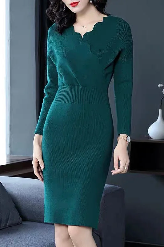 Scallop V Neck Sweater Dress