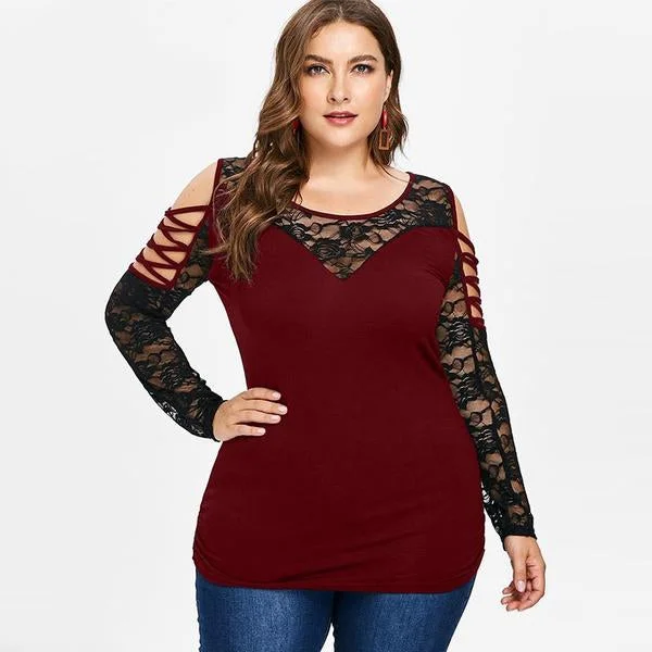 ANALUKE  Tops Plus Size Cold Shoulder Lattice Long Sleeve T-Shirt