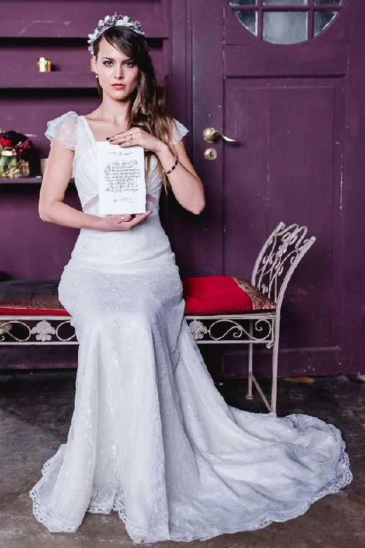 Soft V-neck Lace Wedding Gown Dress with Cap Sleeves Polished Women's Silk