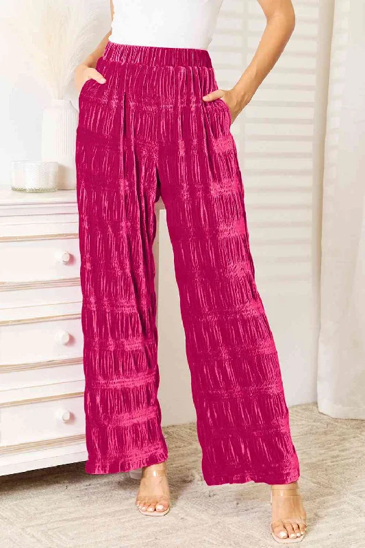 Double Take  High Waist Tiered Shirring Velvet Wide Leg Pants