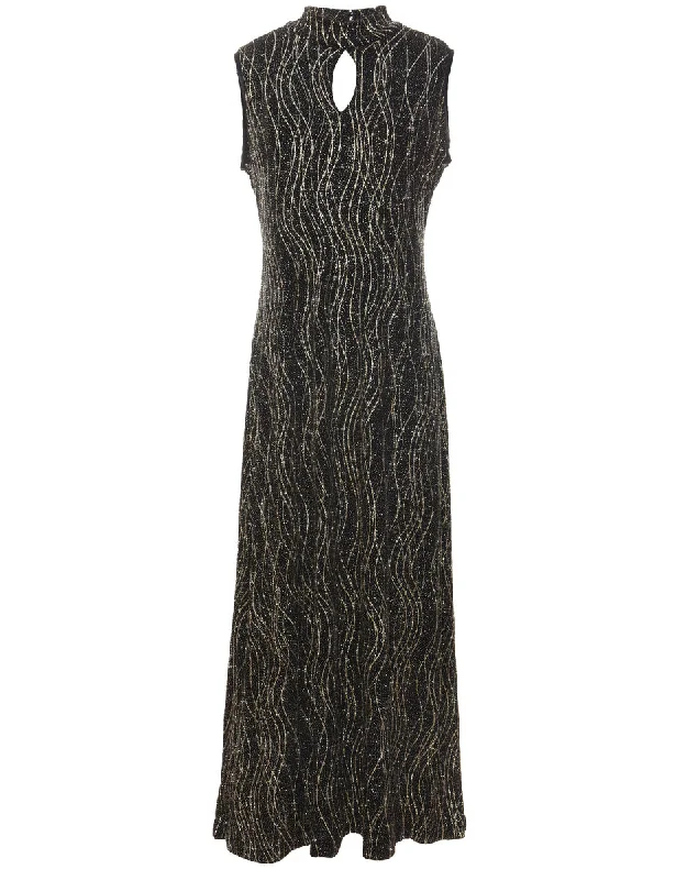 Black, Silver & Gold Sparkly Maxi Evening Dress - L Relaxed Women's Beachy