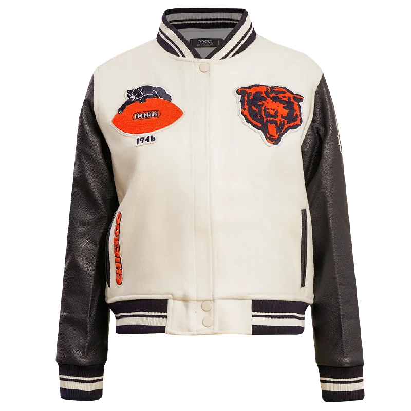 NFL CHICAGO BEARS RETRO CLASSIC WOMEN'S RIB WOOL VARSITY JACKET (EGGSHELL/ MIDNIGHT NAVY) Sleek Women's NFL CHICAGO BEARS RETRO CLASSIC WOMEN'S RIB WOOL VARSITY JACKET (EGGSHELL/ MIDNIGHT NAVY) Sleek Women's