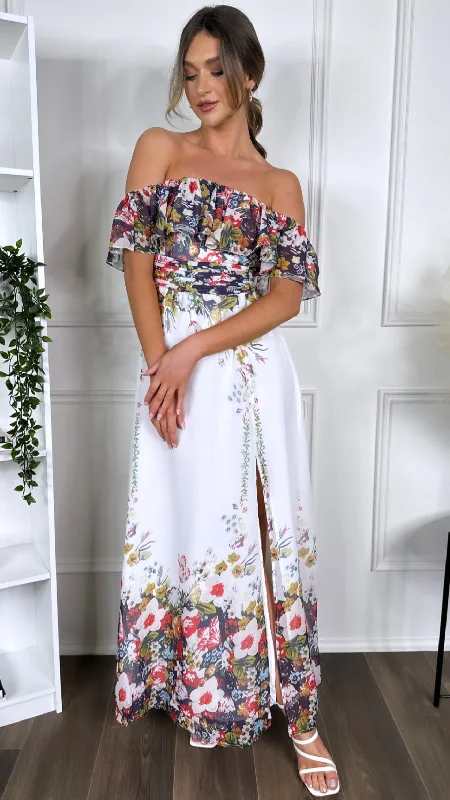 Tamsin White Off Shoulder Floral Printed Midi Dress Sleek Women's Metallic