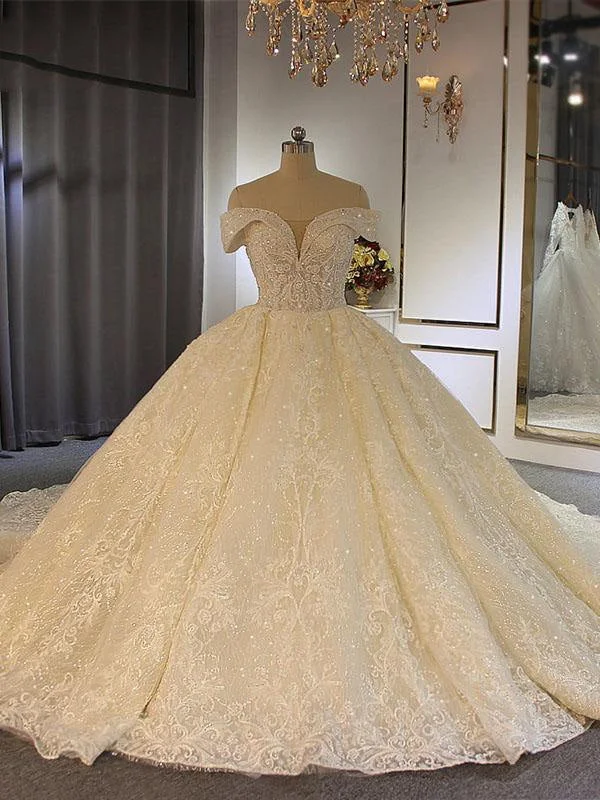 Luxury Off-the-Shoulder Lace-Up Ball Gown Wedding Dresses with Beading