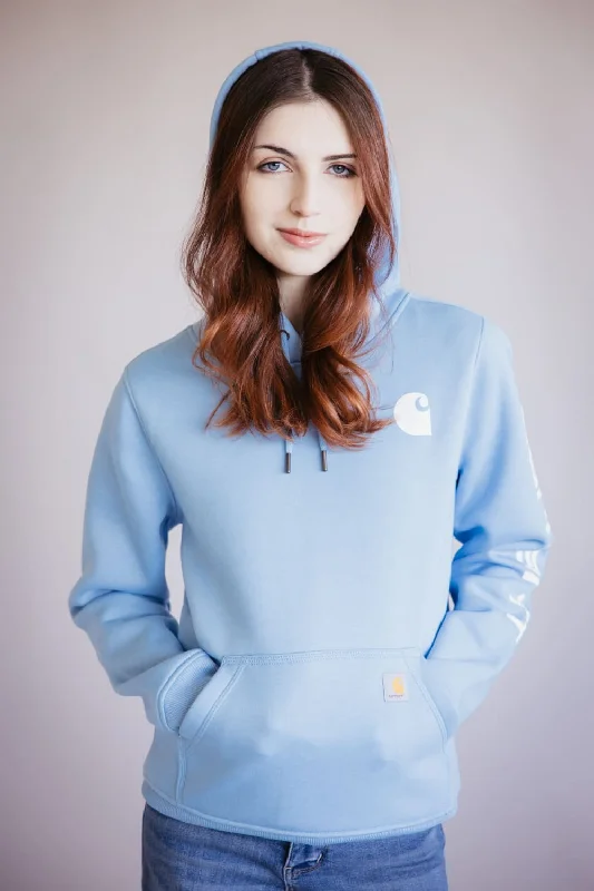 Carhartt Logo Sleeve Midweight Hoodie for Women in Sky Blue | 102791-HL7 Dapper Women's 1920S Carhartt Logo Sleeve Midweight Hoodie for Women in Sky Blue | 102791-HL7 Dapper Women's 1920S