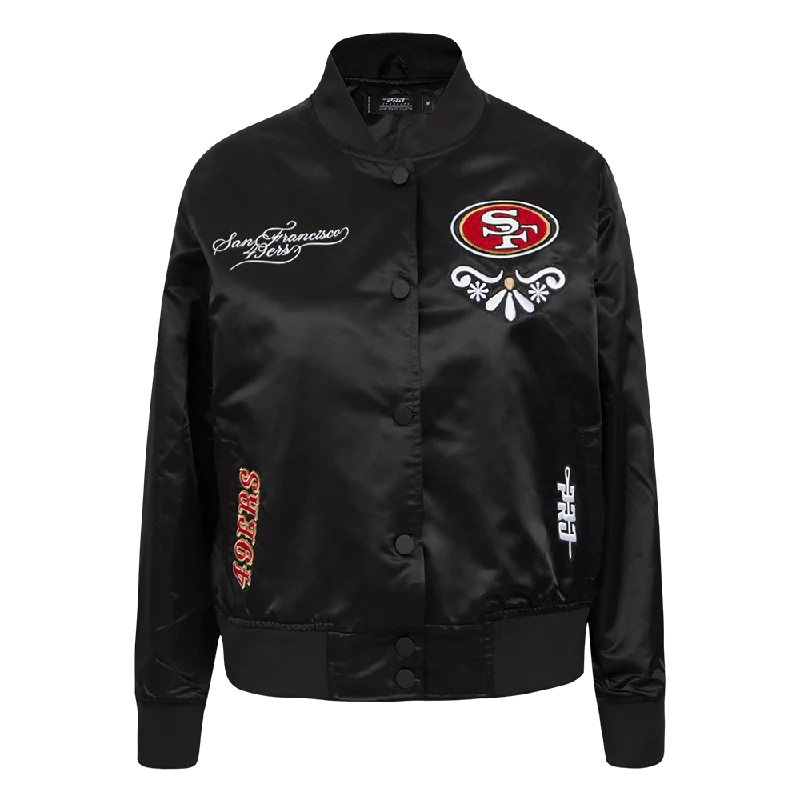 NFL SAN FRANCISCO 49ERS SUGAR SKULL WOMEN'S SATIN JACKET (BLACK) Polished Women's Silk NFL SAN FRANCISCO 49ERS SUGAR SKULL WOMEN'S SATIN JACKET (BLACK) Polished Women's Silk