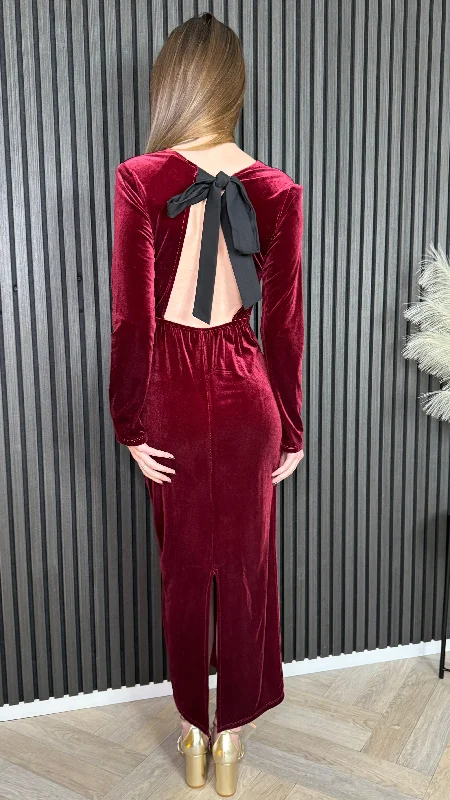 Clarice Burgundy Back Bow Detail Midi Dress