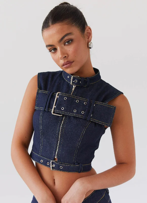 Greedy Denim Buckle Top - Indigo Laid - back Women's Vibe