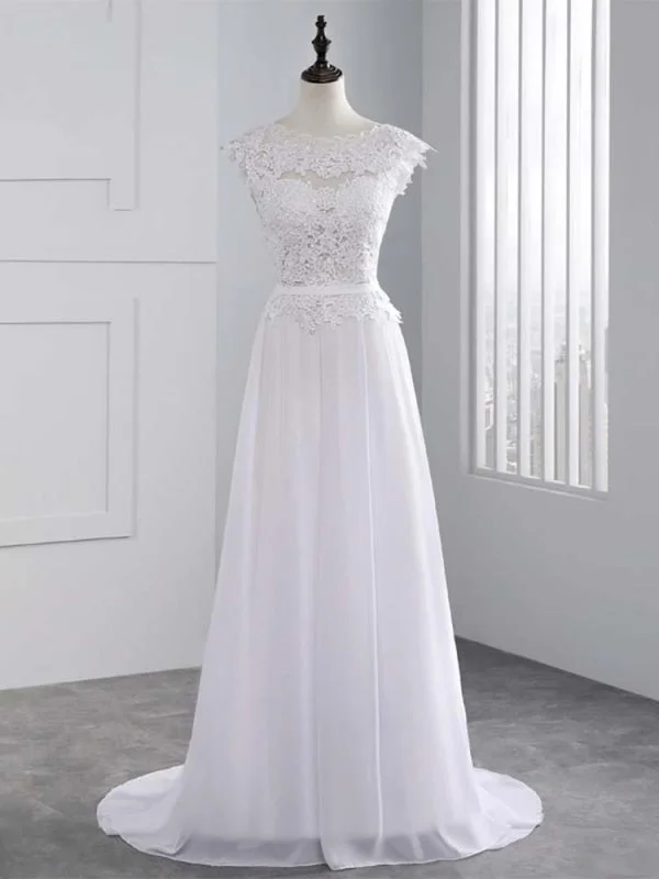 Lace Appliques Covered Button A-Line Wedding Dresses