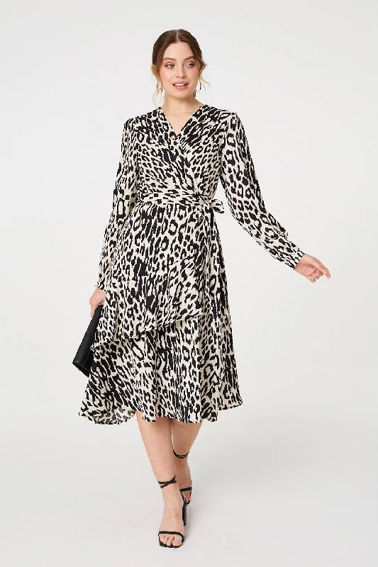 Animal Print Ruffled Midi Wrap Dress Vintage Women's 1970S 