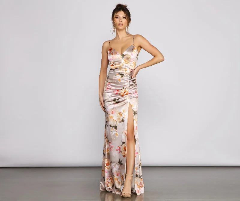 Taylor Satin Floral High-Slit Dress Edgy Women's Punk