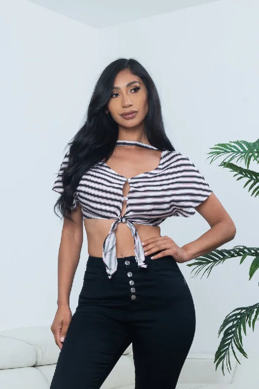 'Pin Up Doll' Striped Cap Sleeve V Neck Button and Tie Front Crop Top in White, Black & Red (N346T)