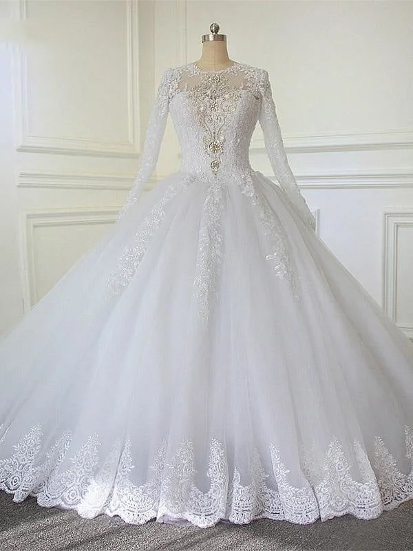 Luxury Long Sleeves Crystals Ball Gown Wedding Dress with Train