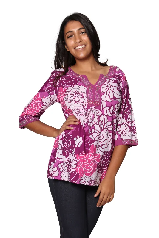 Purple Floral Cotton Voile Embroidered Tunic Relaxed Women's Beachy