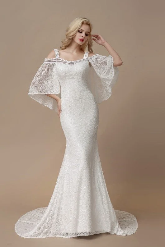 Flutter Sleeves Mermaid Lace Bridal Dresses with Pearls Neckline Polished Women's Silk