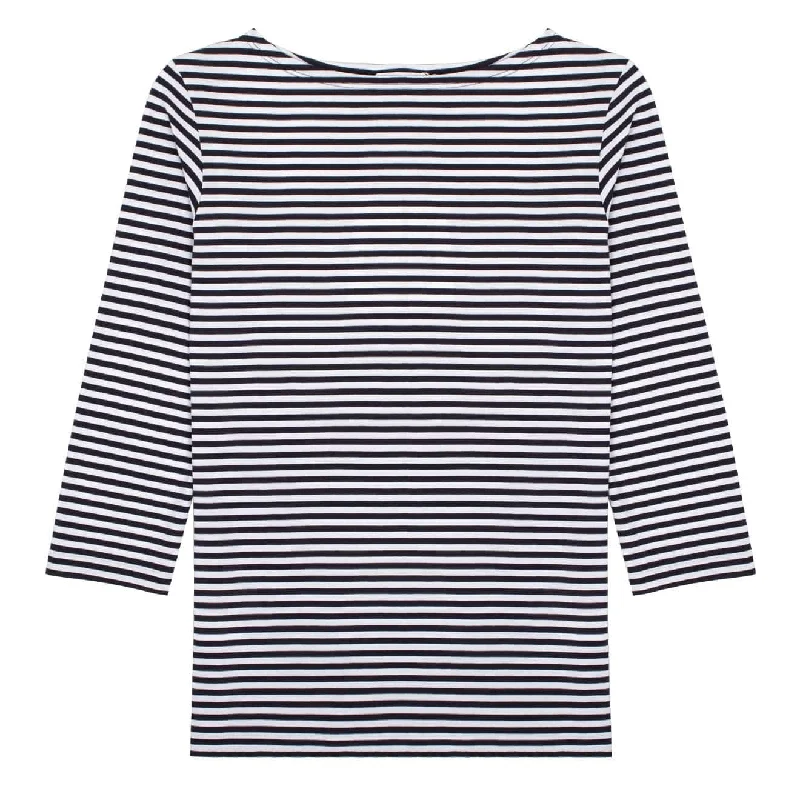 Sunspel Womens 3/4 Sleeve Boat Neck T-Shirt White / Navy Stripe Gym