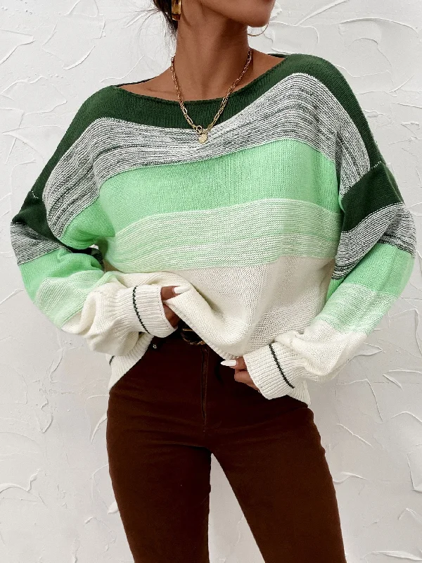 Casual Colorblock Long Sleeve Boat Neck Regular Women Sweater