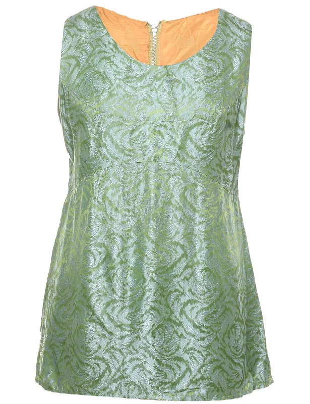Brocade Design Green 1960s Mini Dress - L Stylish Women's Tropical 